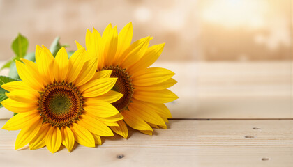 Sunflowers in a clean composition on wood, positivity and beauty