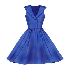 A vintage-style blue dress on a white background, digital illustration. Retro fashion illustration, perfect for vintage inspired fashion lover