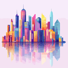 Obraz premium Colorful city skyline at sunrise with reflection on water surface, digital art
