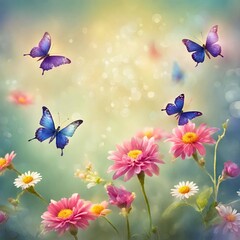 Fantasy illustration with bright blue and purple butterflies circling over pink asters and white daisies on a soft background. Perfect for designs on the theme of nature, harmony and relaxation