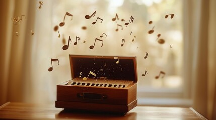 An enchanting music box releasing musical notes, capturing nostalgic moments of joy.