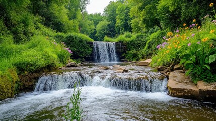 Picturesque waterfall cascading down rocky steps into a serene stream, surrounded by lush greenery and vibrant wildflowers