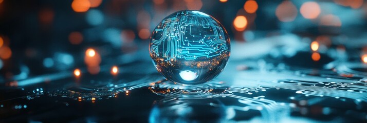 Macro water droplet reflecting digital circuits, showcasing the blend of nature and technology in a captivating visual harmony