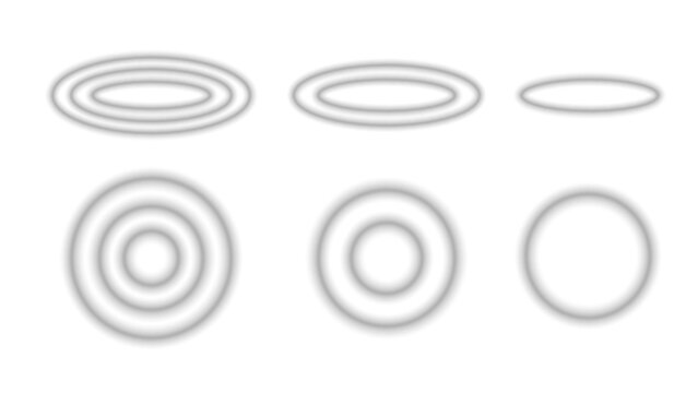 set of circlular shadows with transparent background
Minimalist Transparent Vector Set of Fading Circular Ripples and Concentric Blurred Rings in Top and Front View, Water Wave Effects