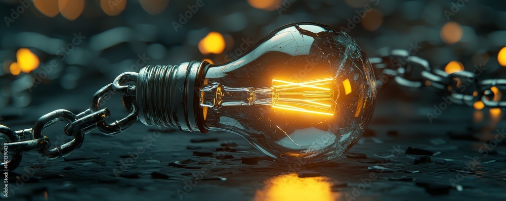 Poster close-up of a glowing light bulb linked with a chain on a dark surface.