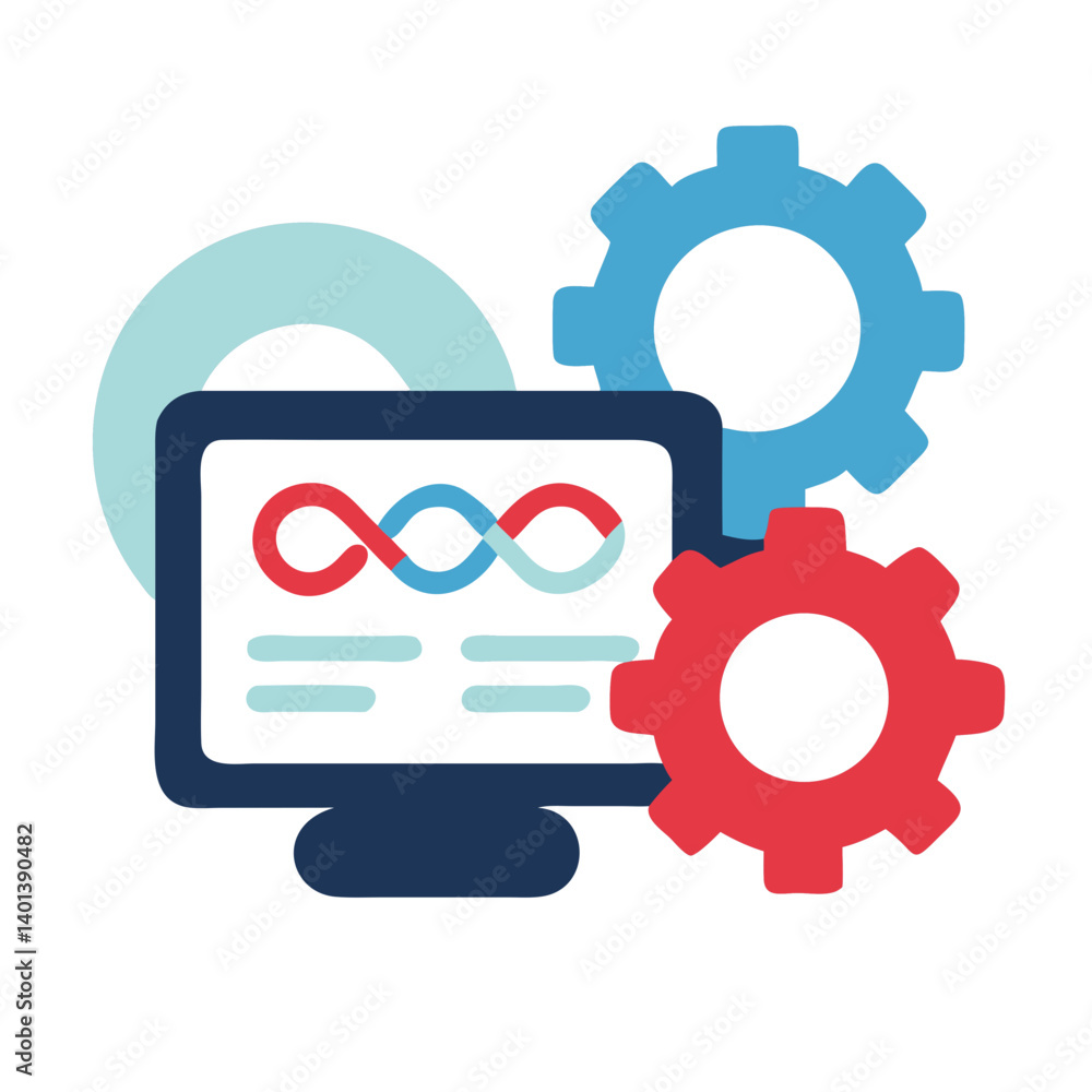 Poster devops icon with gears and computer screen in modern style