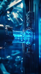 Close-up of a futuristic machine component with blue lights and intricate details.