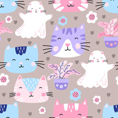 Vector seamless pattern with kitten faces, ghost cats, hearts, and flowers. Perfect for kids clothing, nursery decor, and wrapping paper. Bright, playful, and trendy design