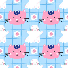 Seamless pattern with kitten portraits, ghost cat, whiskers, and hearts. Perfect for textiles, wrapping paper, and children fashion. Cute, girly design with a modern, cozy feel