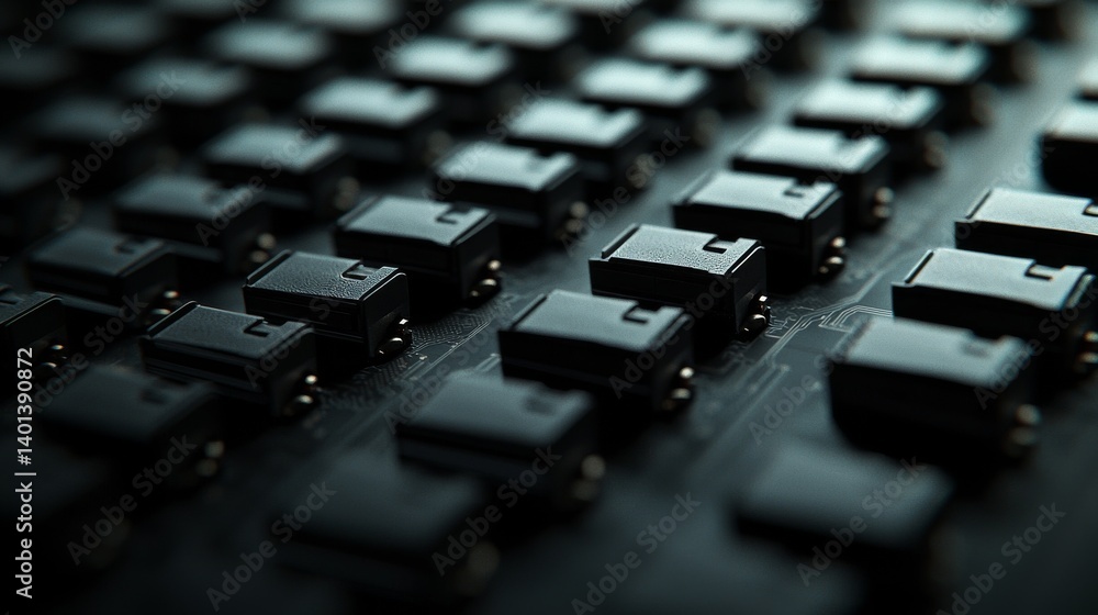 Poster close-up of a modern keyboard with black keys and sleek design, showcasing technology.