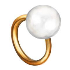 Gold ring with white pearl on a white background, digital illustration. Hand-drawn fashion illustration, perfect for design, decor, cards, postcards