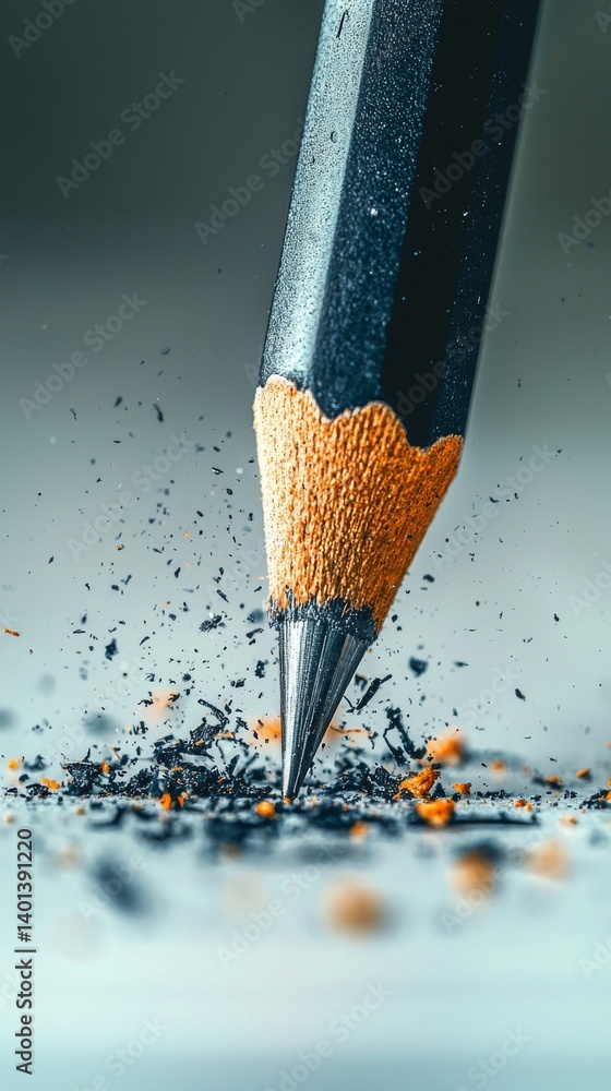 Poster close-up of a sharpened pencil creating fine shavings on a white surface.
