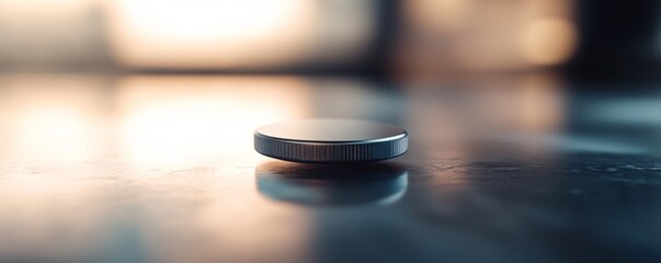 Close-up of a single coin on a reflective surface with soft lighting.