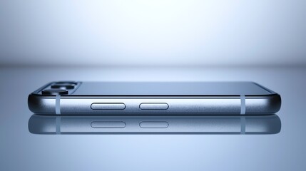 Close-up of a sleek smartphone on a reflective surface with minimalistic background.