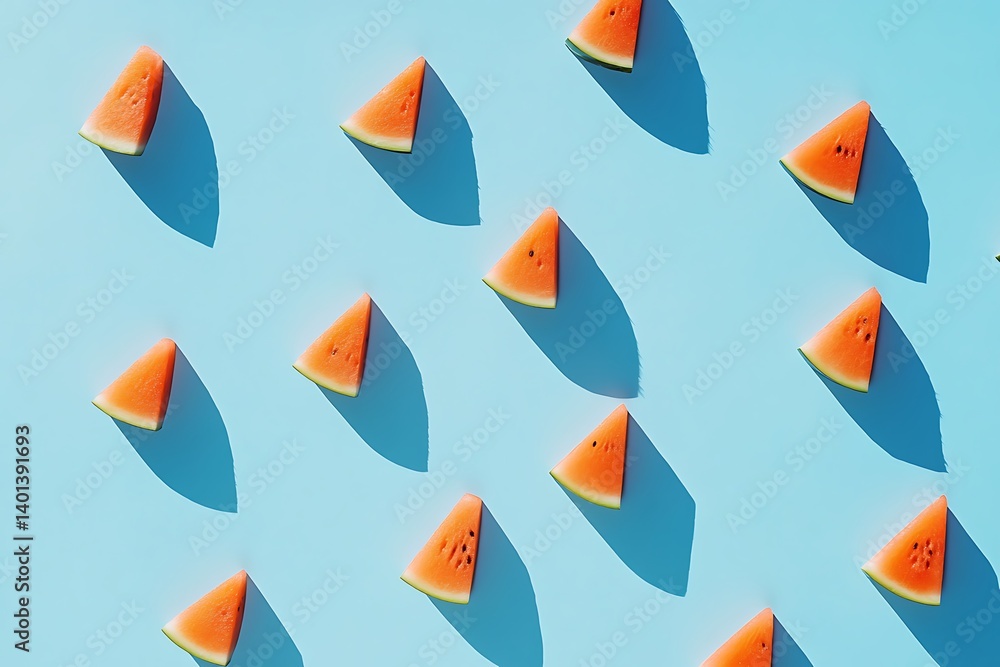 Poster minimalistic flat lay of multiple small watermelon slices on a vibrant blue background