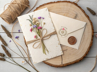 Elegant wax-sealed envelope with twine on wooden slice, surrounded by dried flowers. Vintage, handcrafted style for events or stationery.
