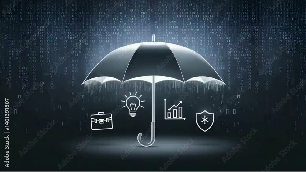 Poster protection under umbrella: a digital representation of an umbrella shielding an array of business an