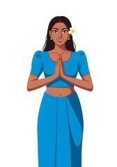 2D Illustration of Sri Lankan Avurudu Kumari in Blue Redda Hatte with Araliya Flower Ayubowan