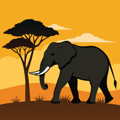 Fototapeta premium African Elephant Silhouette Sunset Savannah Landscape Illustration Vector Art