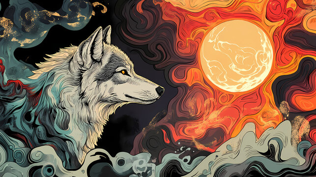 A lone wolf gazes at a stylized sun and moon in a fantastical, abstract landscape of swirling patterns and celestial bodies. Celestial Patterns. Illustration