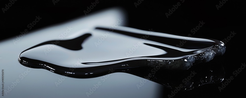 Poster close-up of liquid reflection on a dark surface showcasing smooth texture and shine.