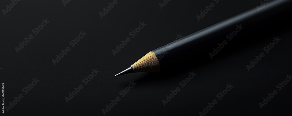 Poster close-up view of a sharp pencil poised on a black background ready for writing.