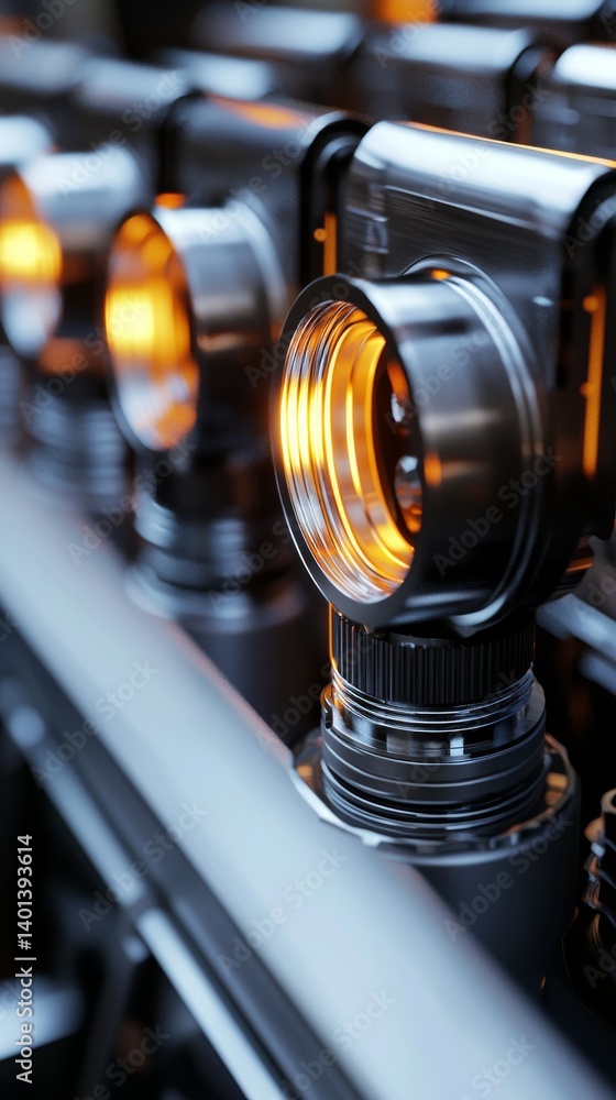 Poster close-up view of modern camera lens components with illuminated details and precision design.