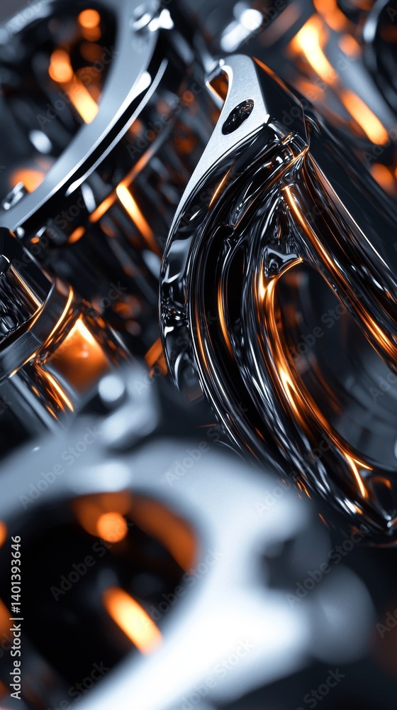 Aufkleber close-up view of shiny metallic components with an intricate design and warm orange glow.