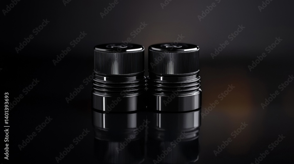 Poster close-up view of two sleek black technology components on a reflective surface.