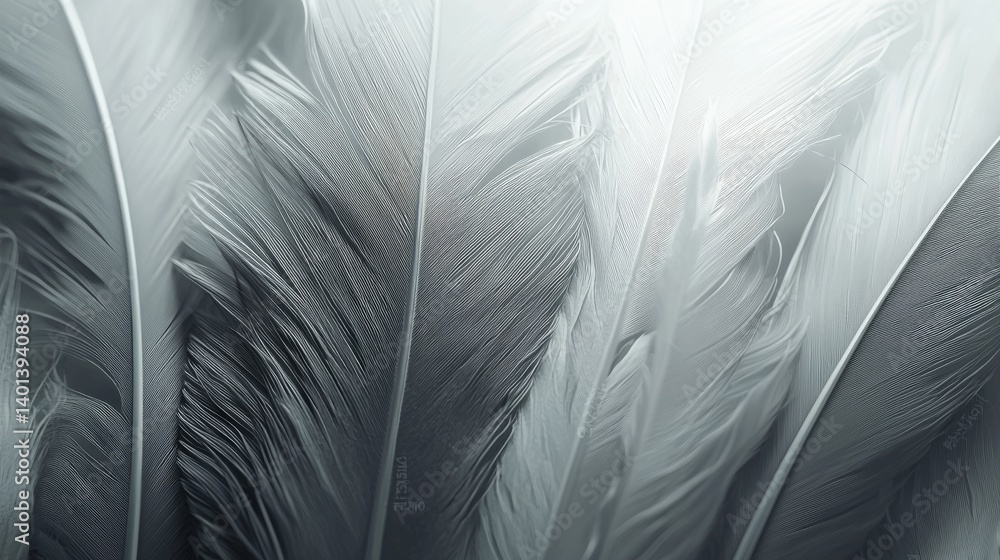 Poster delicate white feathers softly layered, showcasing intricate textures and patterns.