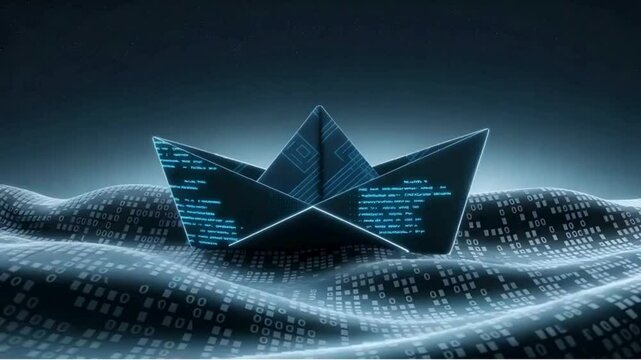 Digital Voyage: A modern, conceptual illustration of a paper boat sailing on waves of data, symbolizing innovation, technology, and the journey through the digital world.