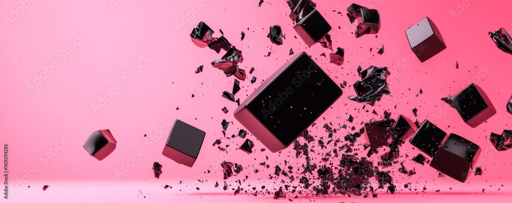 Poster dynamic black cubes exploding into fragments against a vibrant pink backdrop.