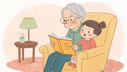 Grandparent and child reading a book together, generational bonding, soft illustration




