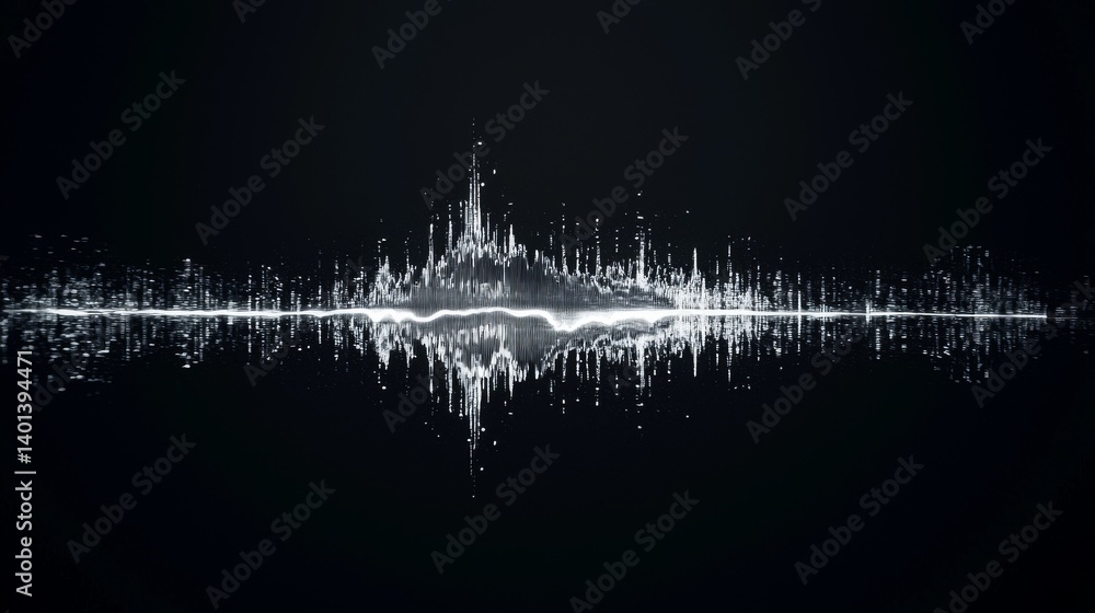 Poster dynamic sound wave illustration with shimmering effects on a dark background.