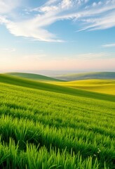 Endless emerald meadow gently sloping to a distant horizon , outdoor, tranquil