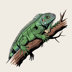 Fototapeta premium Rustic Green Iguana Baby on Branch Illustration