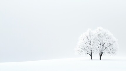 Obraz premium A few trees stand amidst a snow-covered field during a foggy day