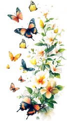 Fototapeta premium Springtime butterflies surrounded by fresh flowers and leaves