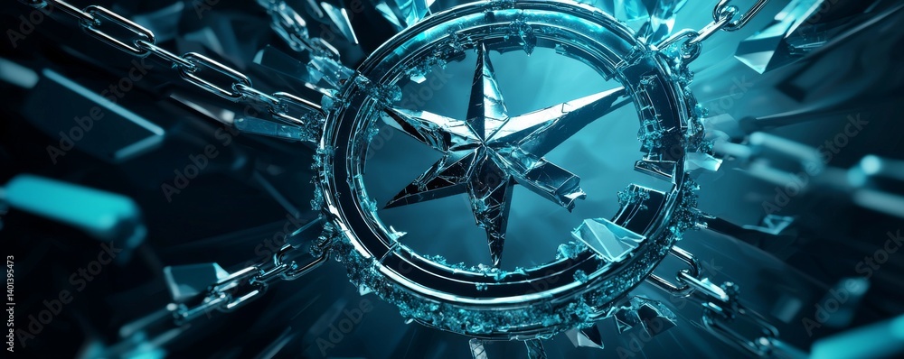 Poster futuristic compass design with shards of light in a digital environment.
