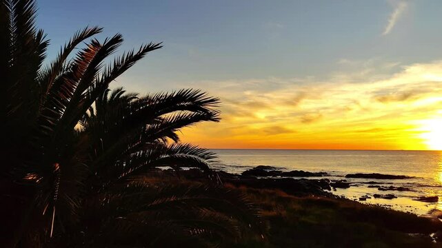 Wide shot video, sunset landscape scene at coast of rio de la plata river, at paseo de los pescadores, parque rodo neighborhood, montevideo city, uruguay
