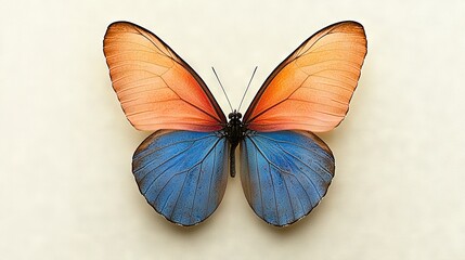 Fototapeta premium A blue butterfly and an orange butterfly both perched on white walls, side by side