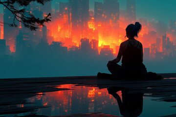 woman meditating at sunrise