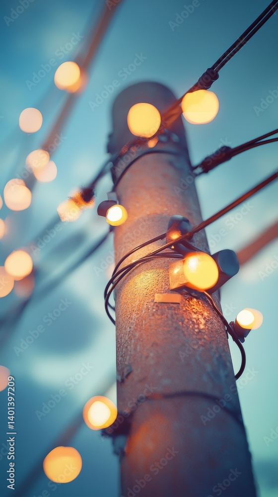 Poster soft glowing lights wrapped around a pole, creating a warm and inviting atmosphere.