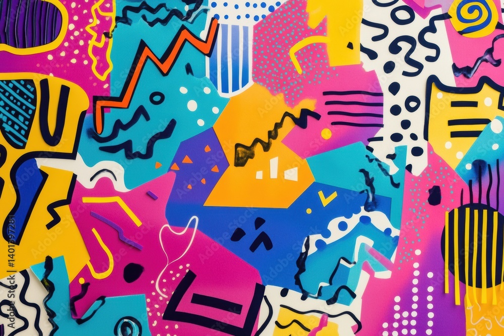 Poster colorful abstract design featuring memphis style shapes, zigzags, and squiggles on a vibrant backgro