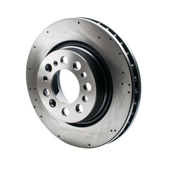 High-performance car brake disc on plain white background, metallic rotor, detailed grooves