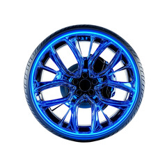 Glowing blue cybernetic car wheel rim with neon highlights on plain white background, futuristic automotive tech