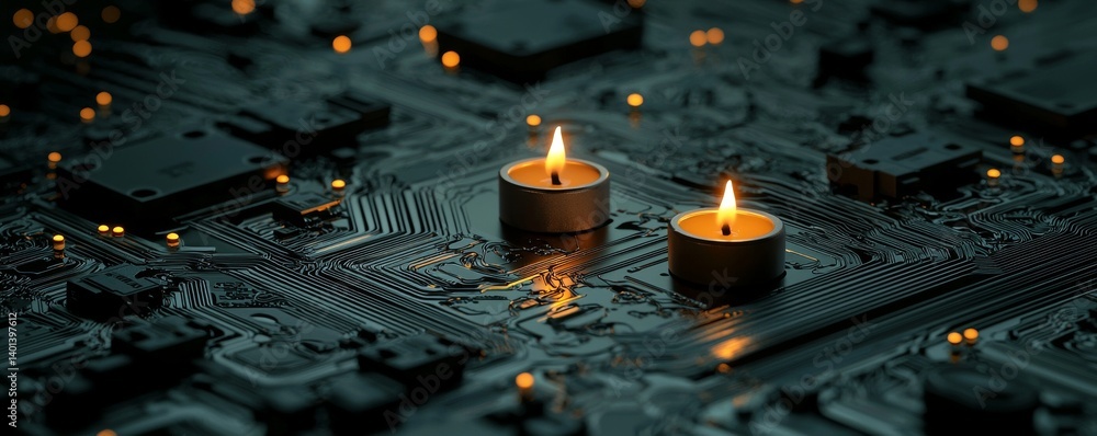 Poster two candles illuminating a circuit board, merging warmth with technology's coldness.
