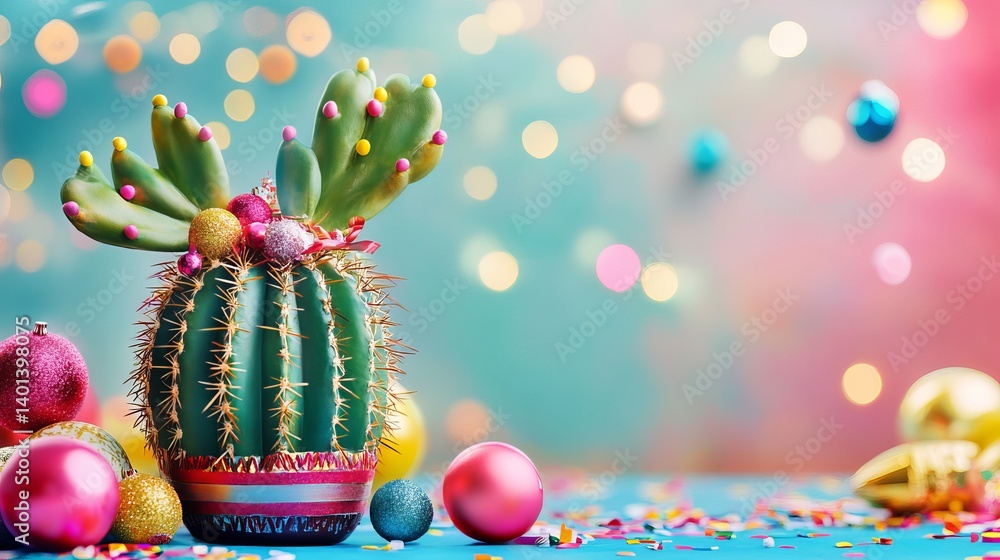 Aufkleber festive cactus adorned with ornaments and confetti against a bokeh background creating a cheerful sc