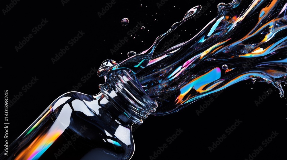 Poster water splashing from an open bottle with vibrant reflections on a dark background.