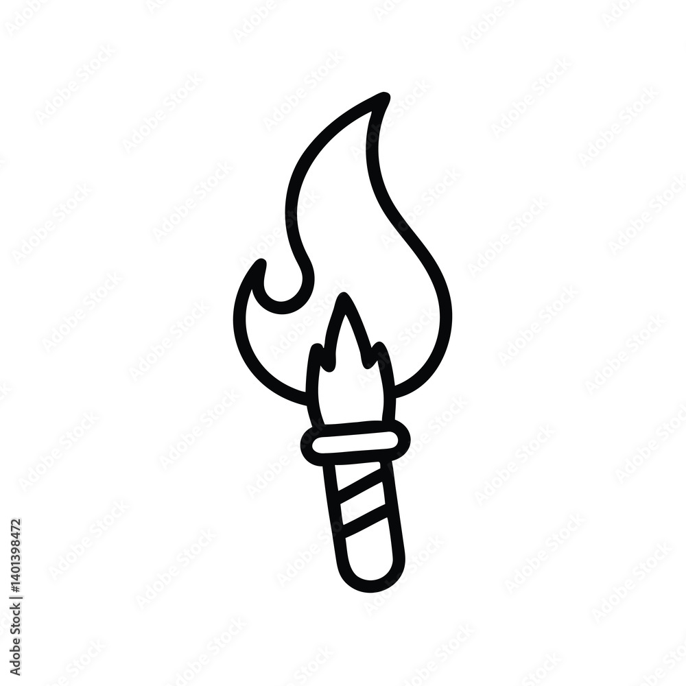 Poster single torch with flame icon on white background adventure symbol line art